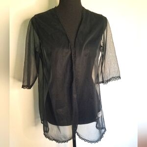 Vintage JCPenney black nylon Sheer lace trimmed short sleeve Blouse Black M